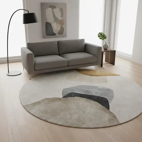 8' Brown And Gray Abstract Washable Round Rug With UV Protection Photo 2