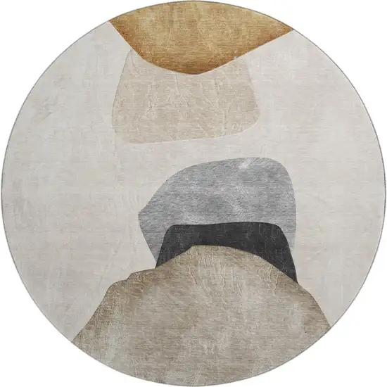 8' Brown And Gray Abstract Washable Round Rug With UV Protection Photo 1