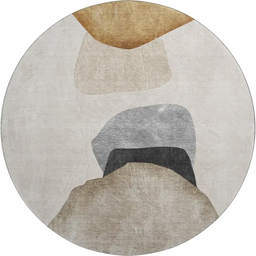 8' Brown And Gray Abstract Washable Round Rug With UV Protection Photo 1