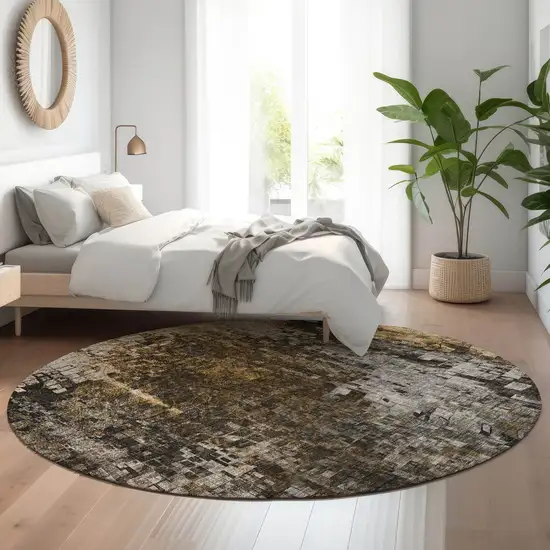 8' Brown And Gray Abstract Washable Round Rug With UV Protection Photo 4