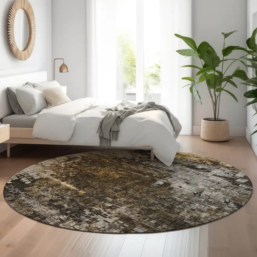 8' Brown And Gray Abstract Washable Round Rug With UV Protection Photo 4