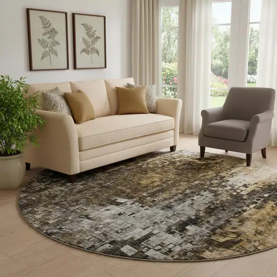 8' Brown And Gray Abstract Washable Round Rug With UV Protection Photo 1