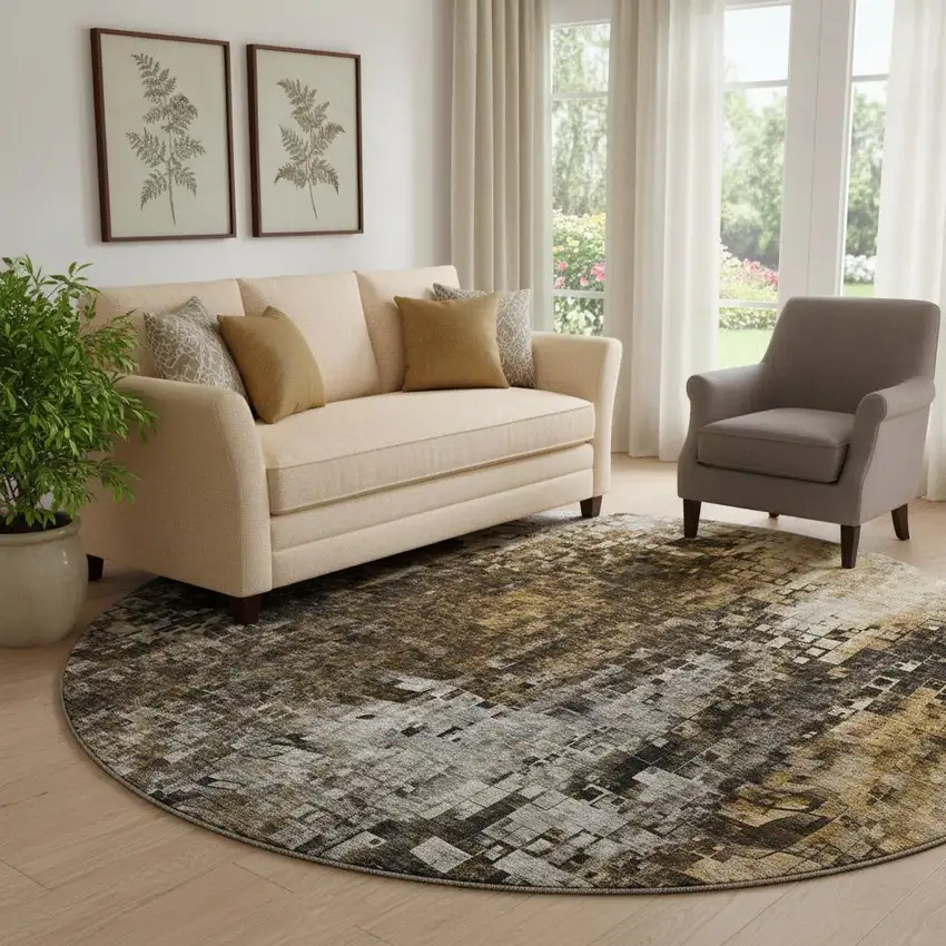 8' Brown And Gray Abstract Washable Round Rug With UV Protection Photo 1