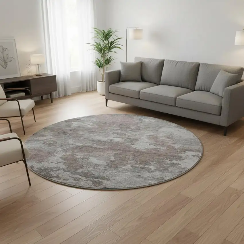 8' Brown And Gray Abstract Washable Round Rug With UV Protection Photo 2