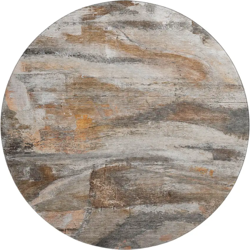 8' Brown And Gray Abstract Washable Round Rug With UV Protection Photo 1