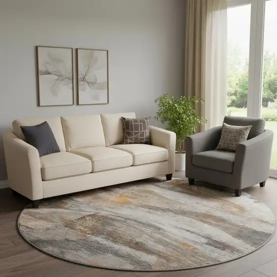 8' Brown And Gray Abstract Washable Round Rug With UV Protection Photo 2