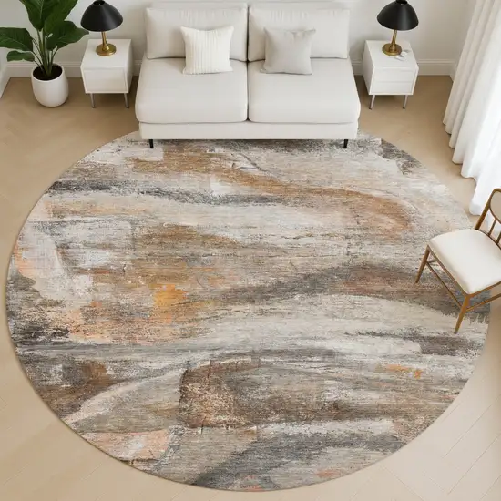 8' Brown And Gray Abstract Washable Round Rug With UV Protection Photo 5