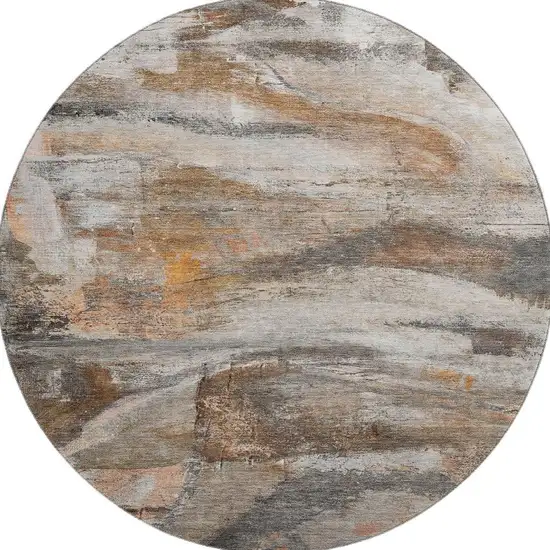 8' Brown And Gray Abstract Washable Round Rug With UV Protection Photo 4