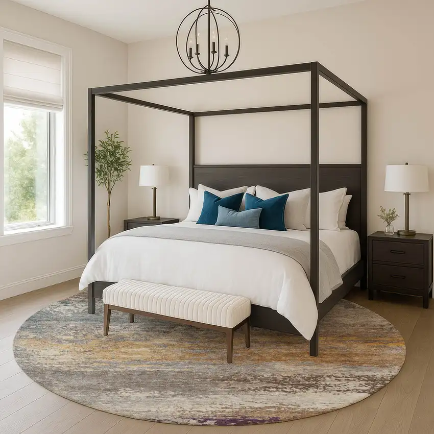 8' Brown And Gray Abstract Washable Round Rug With UV Protection Photo 5