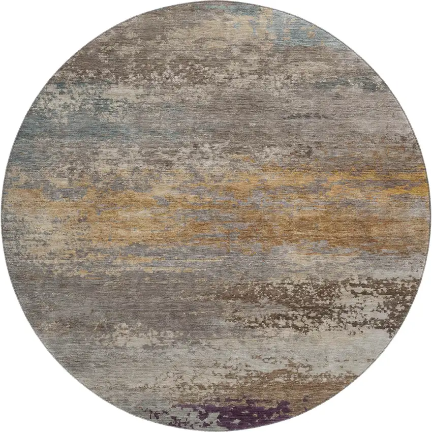 8' Brown And Gray Abstract Washable Round Rug With UV Protection Photo 1