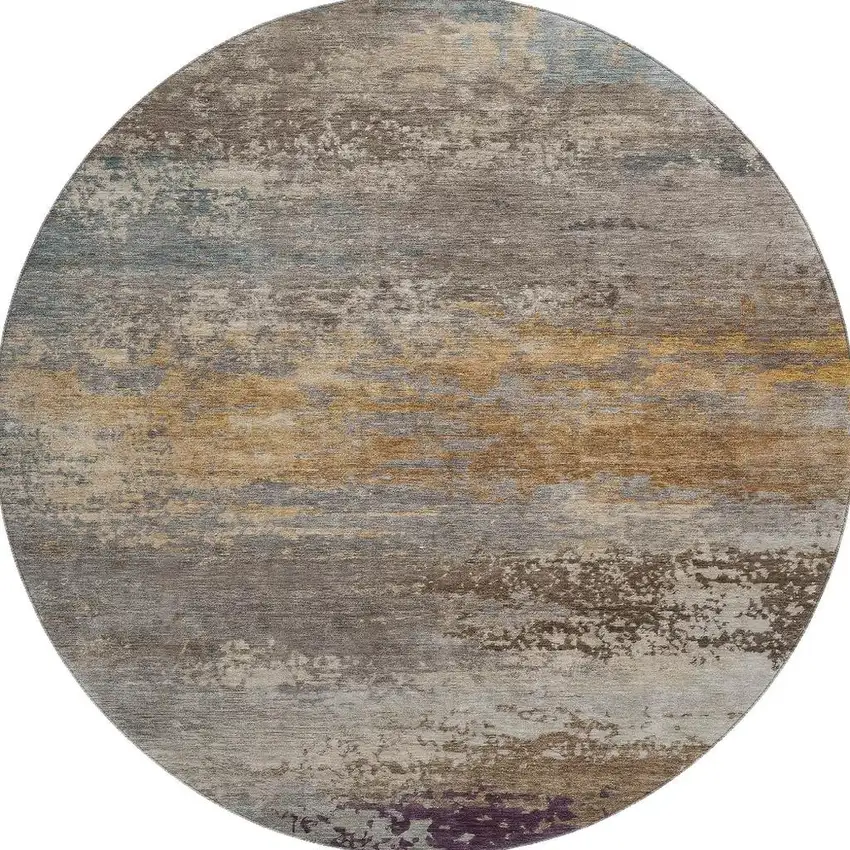 8' Brown And Gray Abstract Washable Round Rug With UV Protection Photo 4