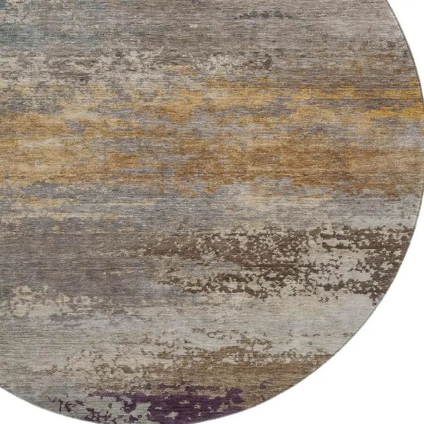 8' Brown And Gray Abstract Washable Round Rug With UV Protection Photo 3