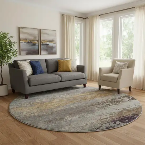 8' Brown And Gray Abstract Washable Round Rug With UV Protection Photo 2