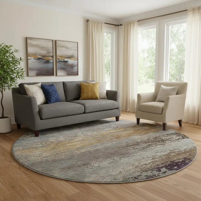 8' Brown And Gray Abstract Washable Round Rug With UV Protection Photo 2