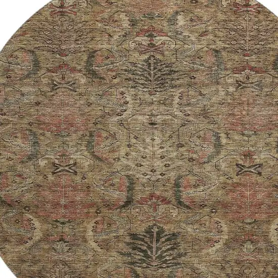 8' Brown And Gray Damask Washable Round Rug With UV Protection Photo 2
