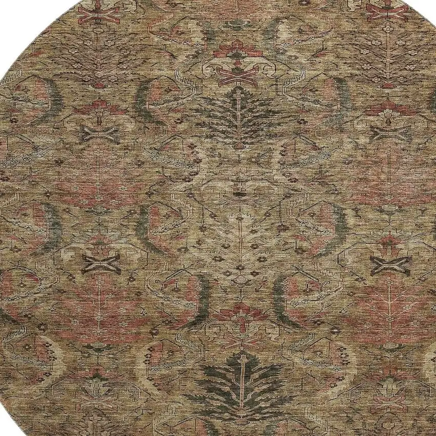 8' Brown And Gray Damask Washable Round Rug With UV Protection Photo 2