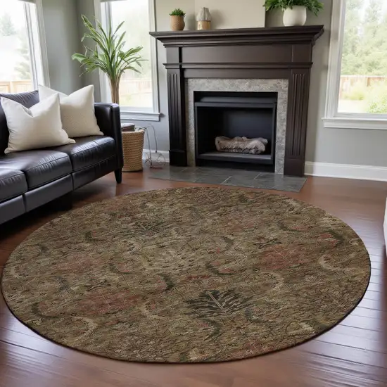 8' Brown And Gray Damask Washable Round Rug With UV Protection Photo 4