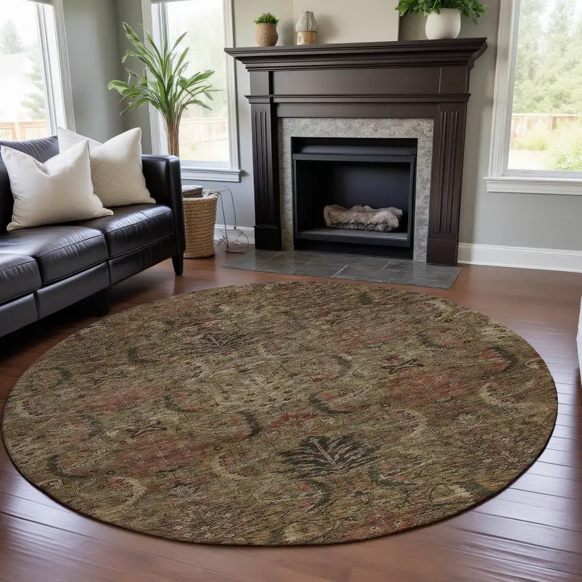 8' Brown And Gray Damask Washable Round Rug With UV Protection Photo 4