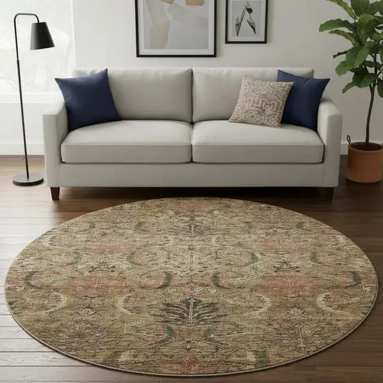 8' Brown And Gray Damask Washable Round Rug With UV Protection Photo 2