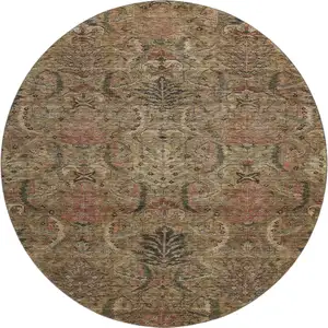 Photo of 8' Brown And Gray Damask Washable Round Rug With UV Protection