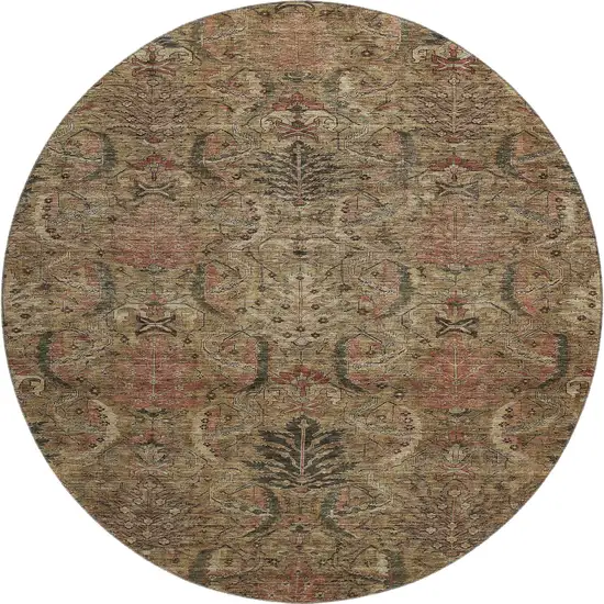8' Brown And Gray Damask Washable Round Rug With UV Protection Photo 1