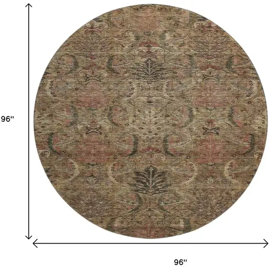 8' Brown And Gray Damask Washable Round Rug With UV Protection Photo 9