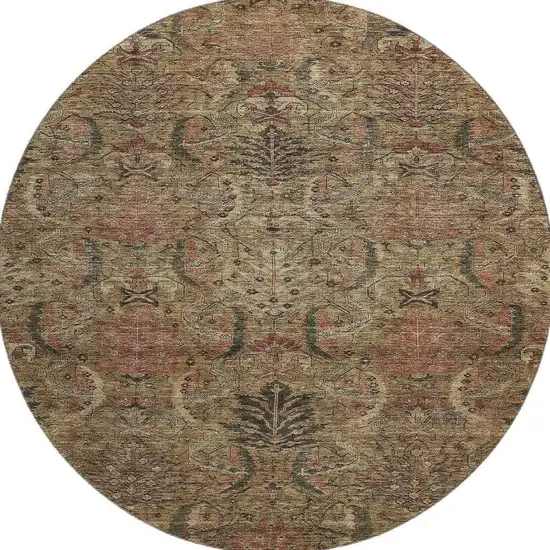 8' Brown And Gray Damask Washable Round Rug With UV Protection Photo 3