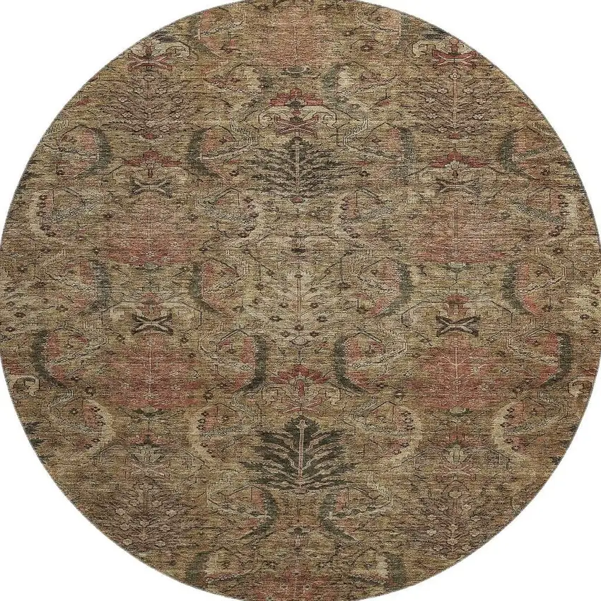 8' Brown And Gray Damask Washable Round Rug With UV Protection Photo 3