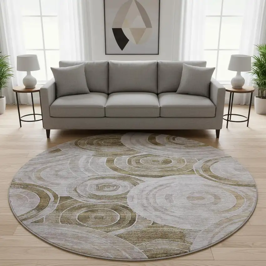 8' Brown And Gray Geometric Washable Round Rug With UV Protection Photo 2