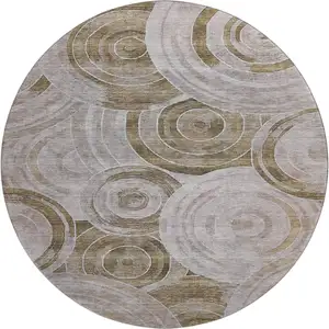 Photo of 8' Brown And Gray Geometric Washable Round Rug With UV Protection