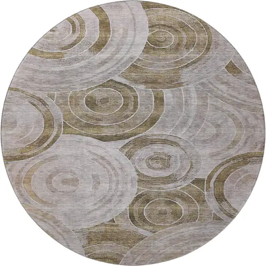 8' Brown And Gray Geometric Washable Round Rug With UV Protection Photo 3