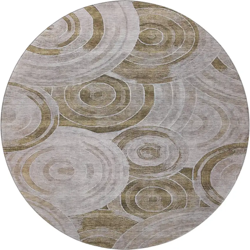 8' Brown And Gray Geometric Washable Round Rug With UV Protection Photo 3