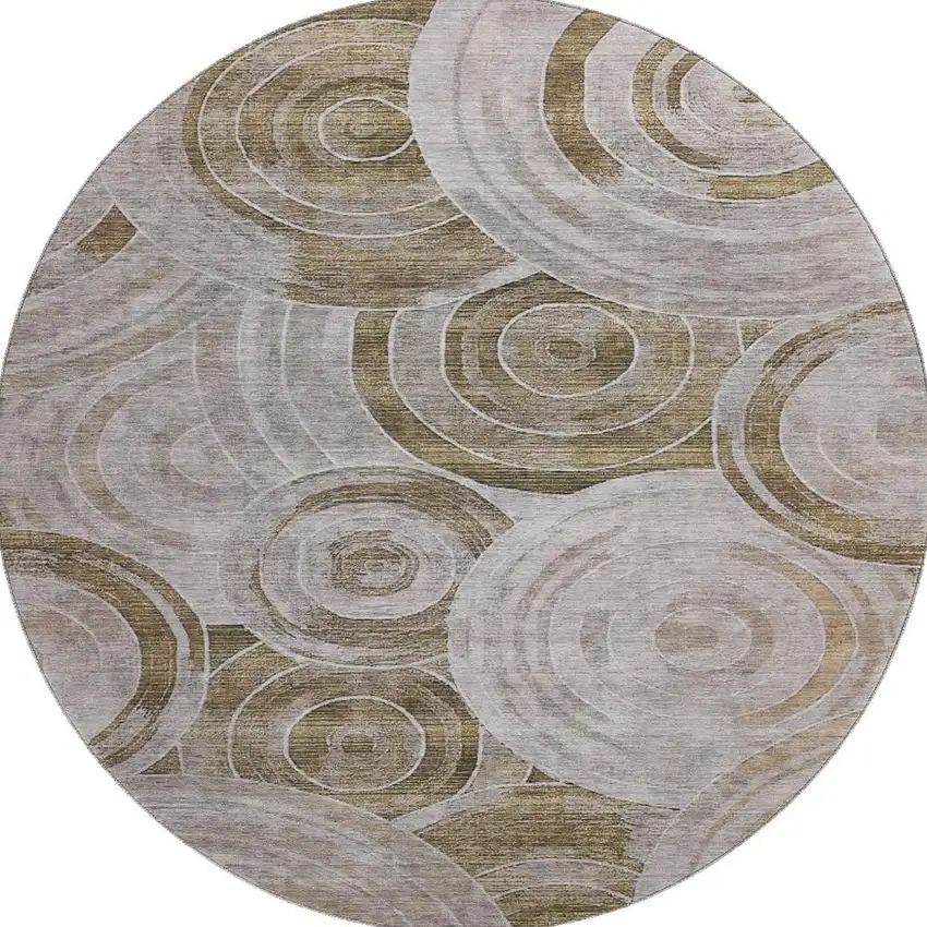 8' Brown And Gray Geometric Washable Round Rug With UV Protection Photo 2