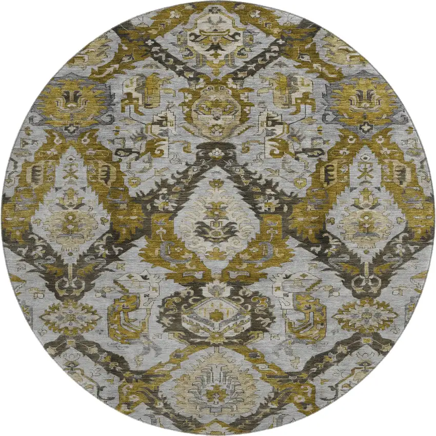 8' Brown And Gray Ikat Washable Round Rug With UV Protection Photo 1