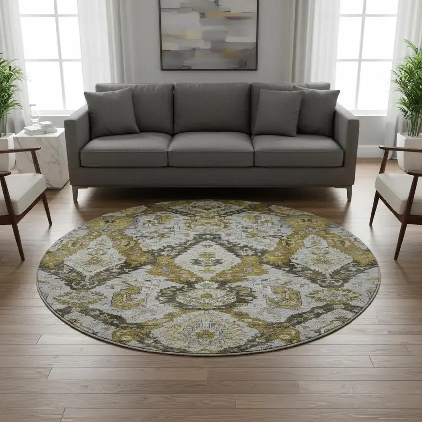 8' Brown And Gray Ikat Washable Round Rug With UV Protection Photo 2