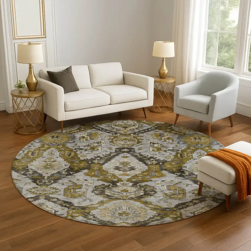 8' Brown And Gray Ikat Washable Round Rug With UV Protection Photo 5
