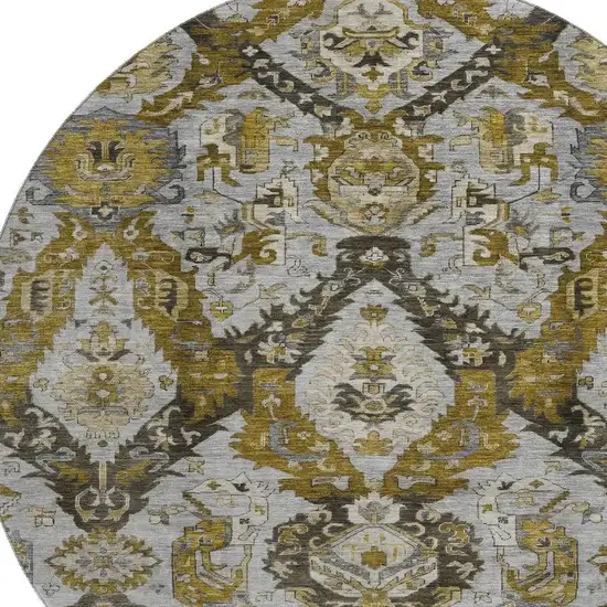 8' Brown And Gray Ikat Washable Round Rug With UV Protection Photo 3