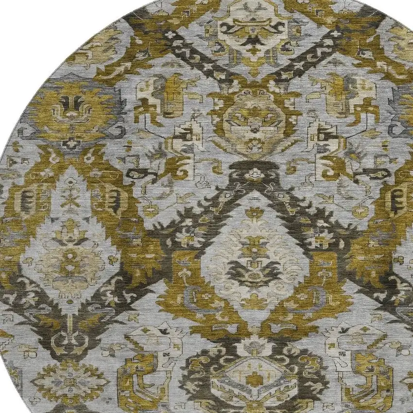 8' Brown And Gray Ikat Washable Round Rug With UV Protection Photo 3