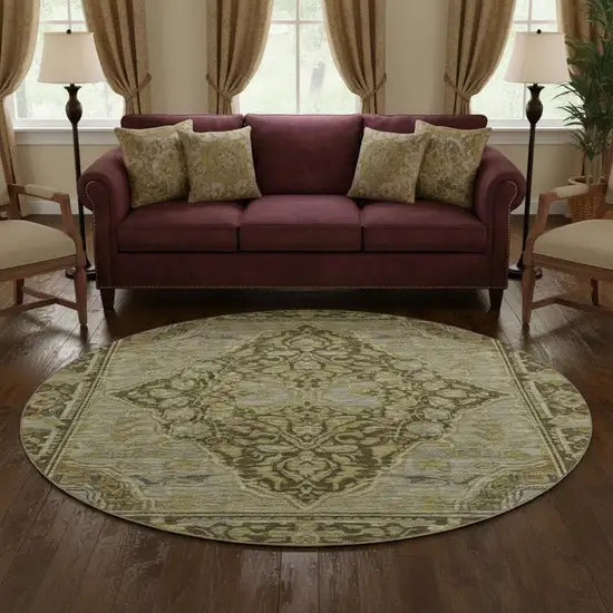 8' Brown And Gray Oriental Washable Round Rug With UV Protection Photo 2