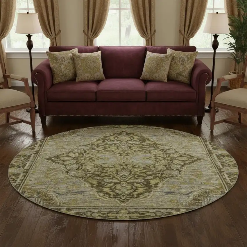 8' Brown And Gray Oriental Washable Round Rug With UV Protection Photo 2
