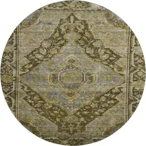 Photo of 8' Brown And Gray Oriental Washable Round Rug With UV Protection