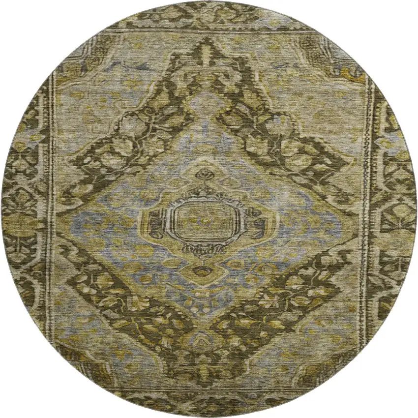 8' Brown And Gray Oriental Washable Round Rug With UV Protection Photo 1