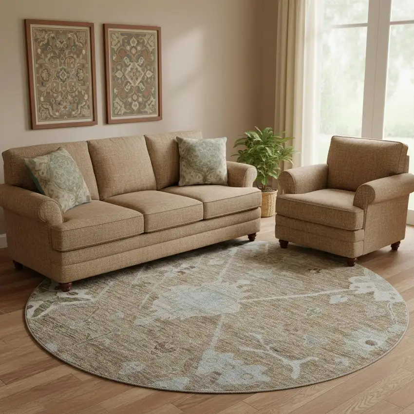 8' Brown And Gray Oriental Washable Round Rug With UV Protection Photo 2