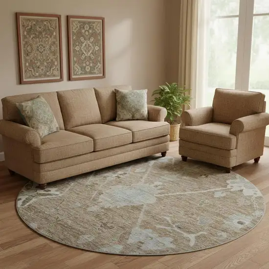 8' Brown And Gray Oriental Washable Round Rug With UV Protection Photo 2