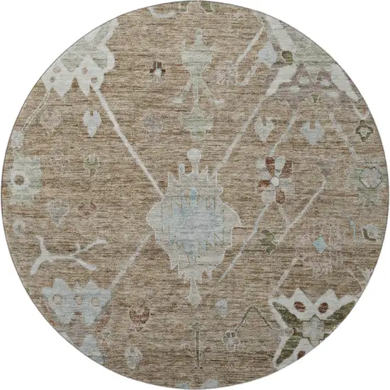 8' Brown And Gray Oriental Washable Round Rug With UV Protection Photo 4