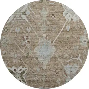 Photo of 8' Brown And Gray Oriental Washable Round Rug With UV Protection