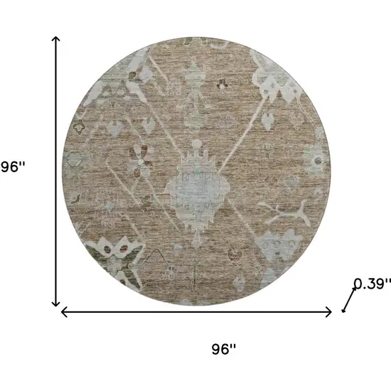 8' Brown And Gray Oriental Washable Round Rug With UV Protection Photo 8