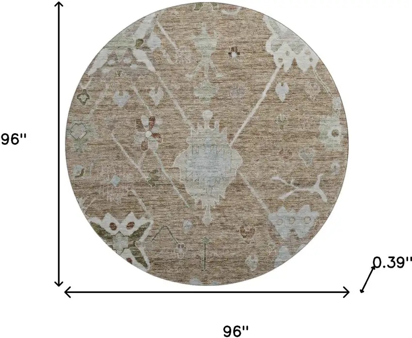 8' Brown And Gray Oriental Washable Round Rug With UV Protection Photo 8