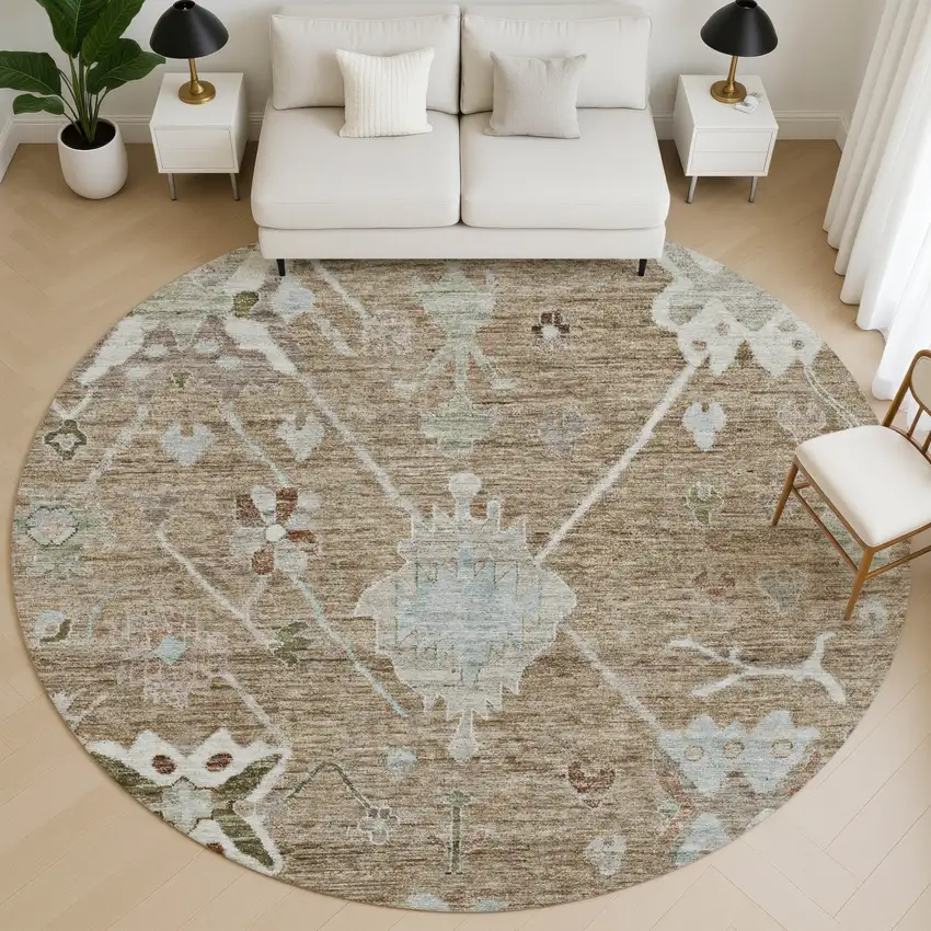 8' Brown And Gray Oriental Washable Round Rug With UV Protection Photo 5