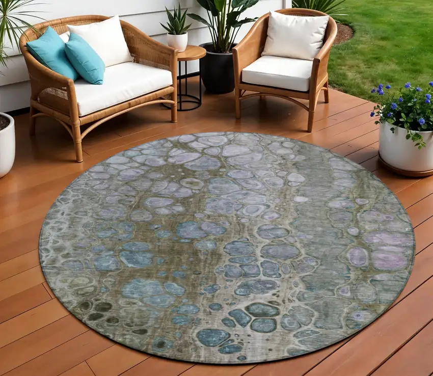 8' Brown And Gray Round Abstract Washable Indoor Outdoor Area Rug Photo 2